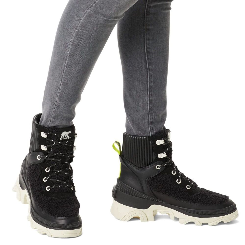 SOREL Brex Cozy Lace Up Waterproof Hiker Boots – Black/Sea Salt, Women’s 12